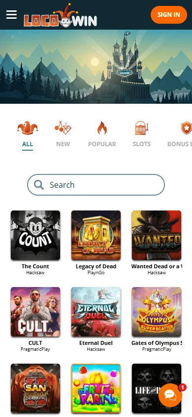 Locowin Casino games area on a mobile browser