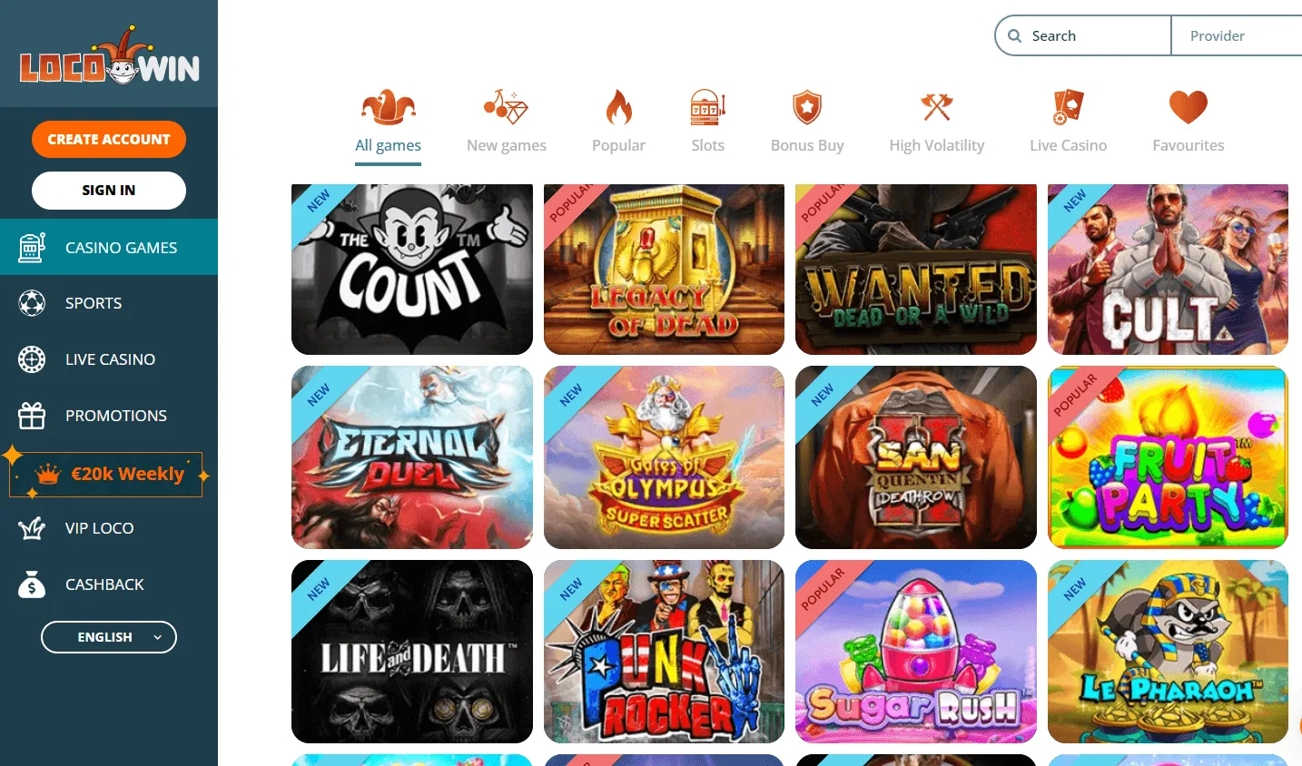 Locowin Casino games area on desktop