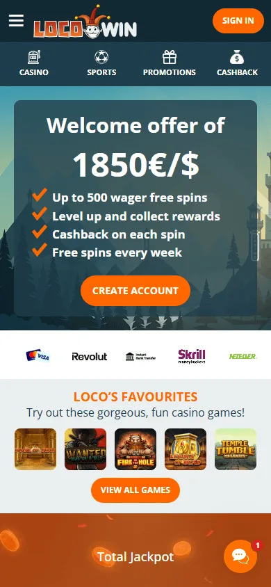 Locowin Casino home page on a mobile browser