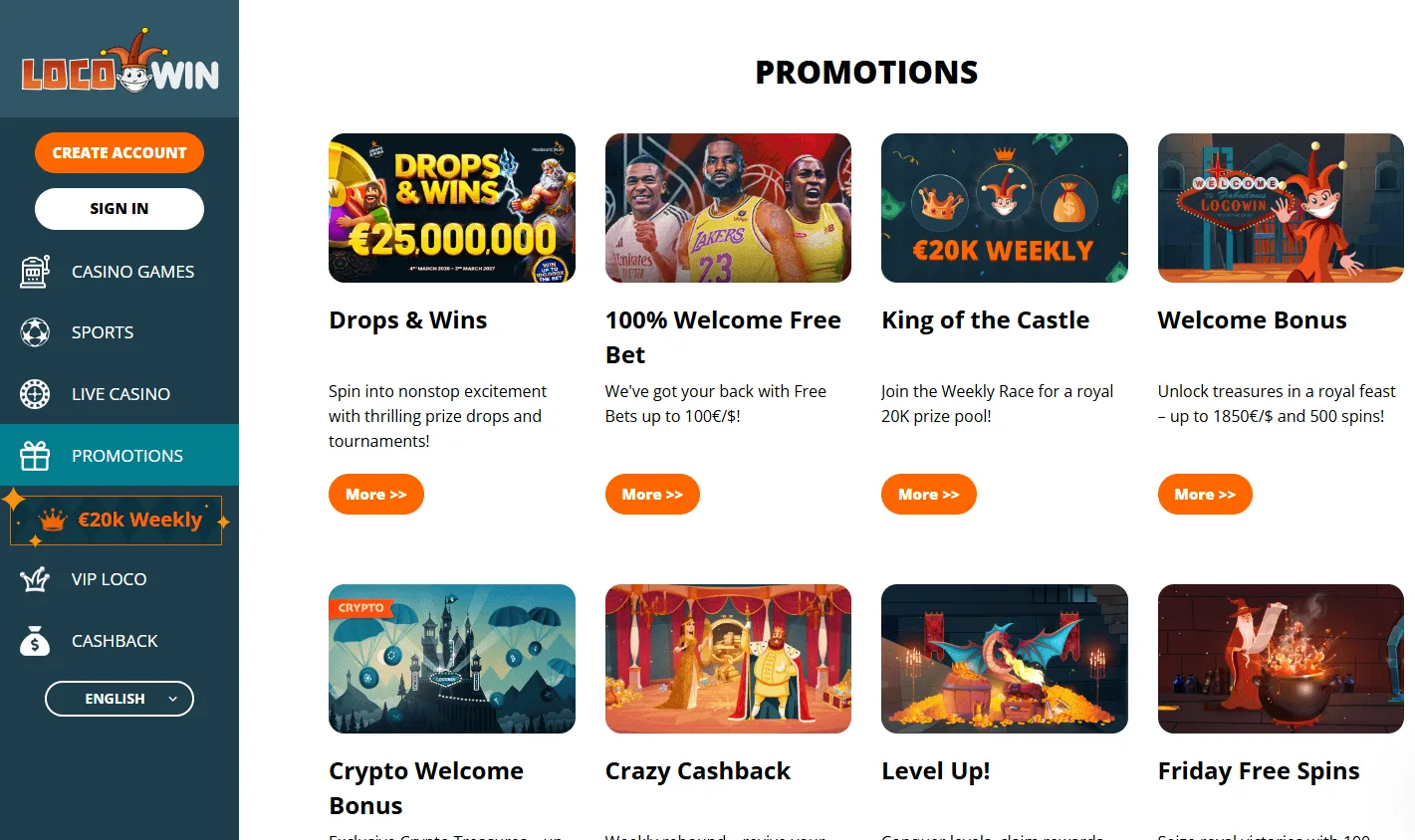 Locowin Casino promotions area on desktop